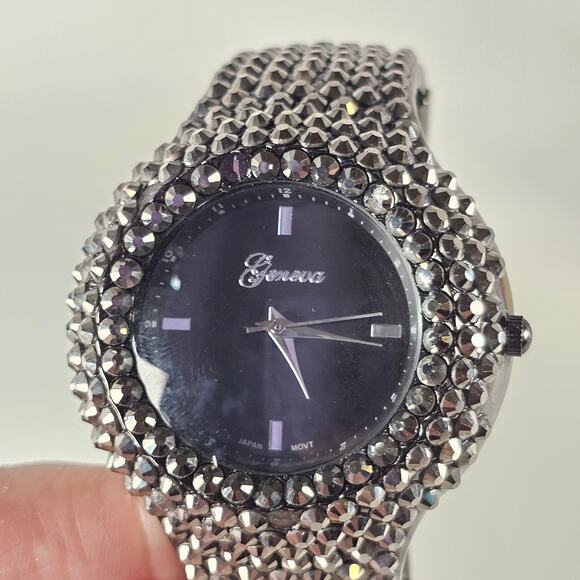 Geneva Women's Silver Tone Rhinestone Cuff Watch Black Dial Quartz 44mm Sparkle - Picture 5 of 14